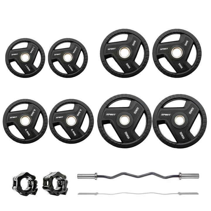 Spirit Fitness 45kg Olympic Rubber Tri Grip Weight Set with EZ Curl Bar