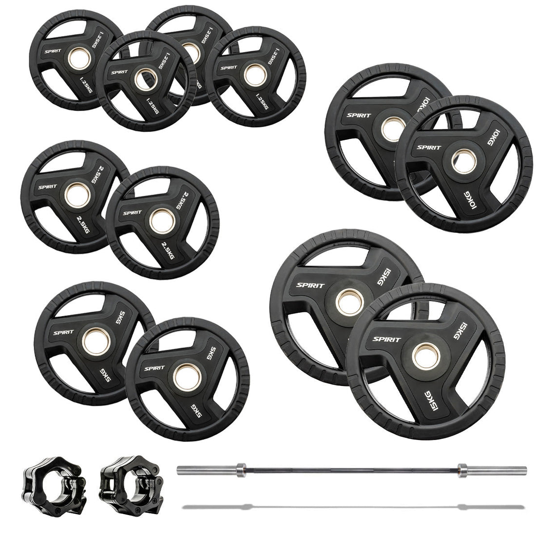 Spirit Fitness 90kg Olympic Rubber Tri Grip Weight Set with 7ft Bar