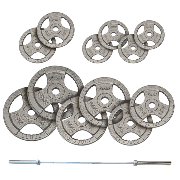|FuelFitness130kgOlympicTriGripCastIronWeightSetwith7ftBar|