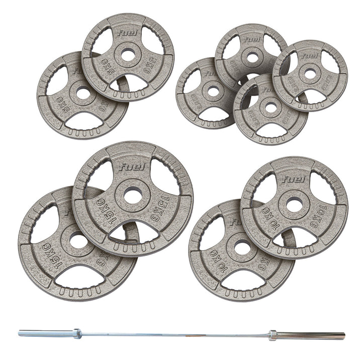 |FuelFitness90kgOlympicTriGripCastIronWeightSetwith7ftBar|