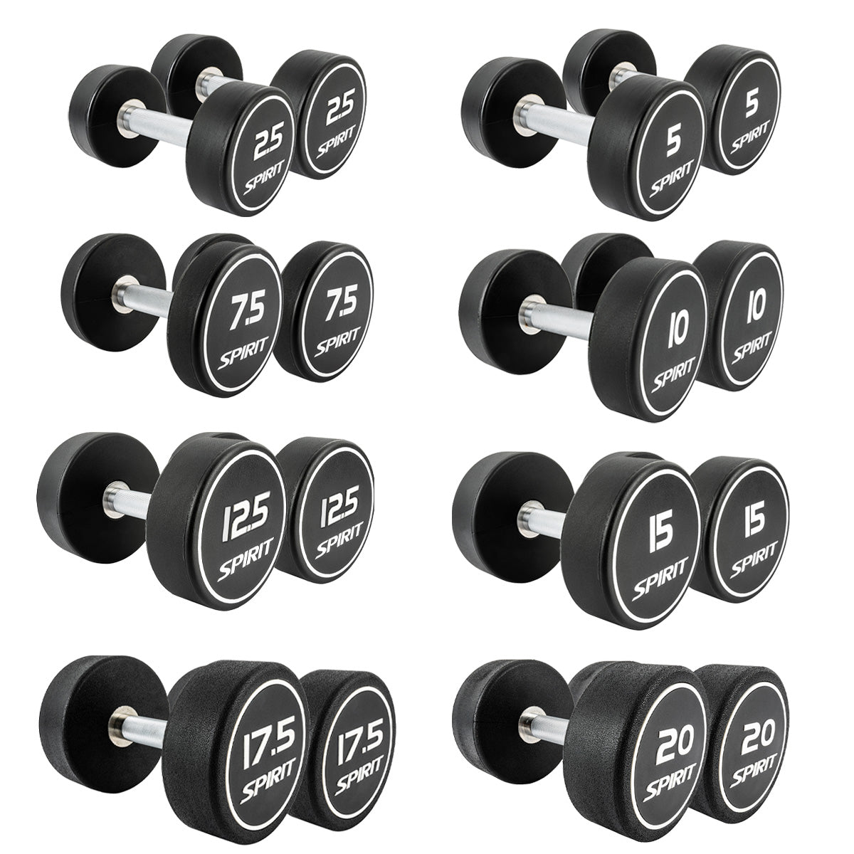 Spirit Fitness 2.5kg to 20kg Round CPU Dumbbells Set - 8 pairs