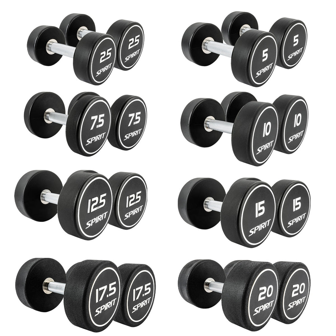 Spirit Fitness 2.5kg to 20kg Round CPU Dumbbells Set - 8 pairs