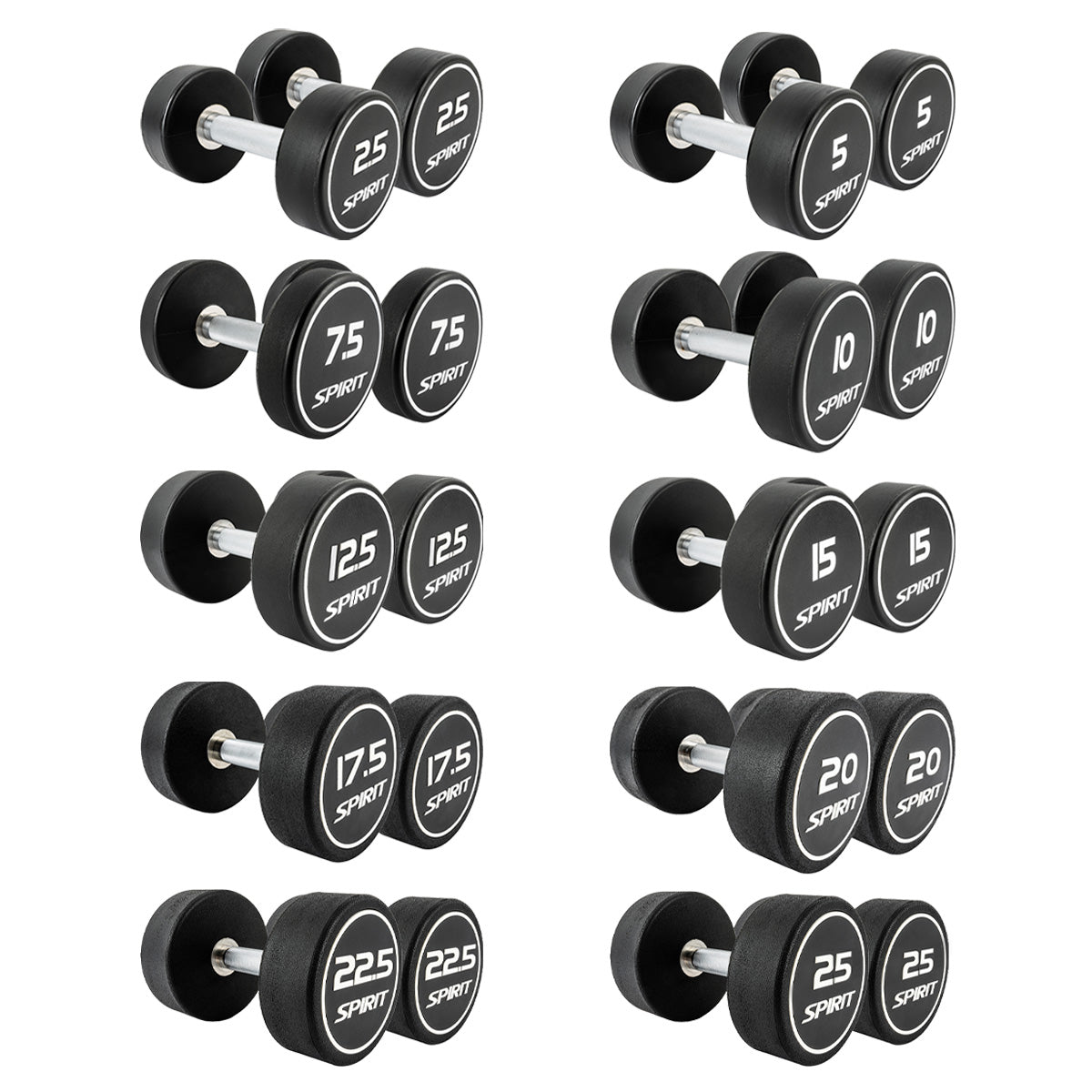 Spirit Fitness 2.5kg to 25kg Round CPU Dumbbells Set - 10 pairs