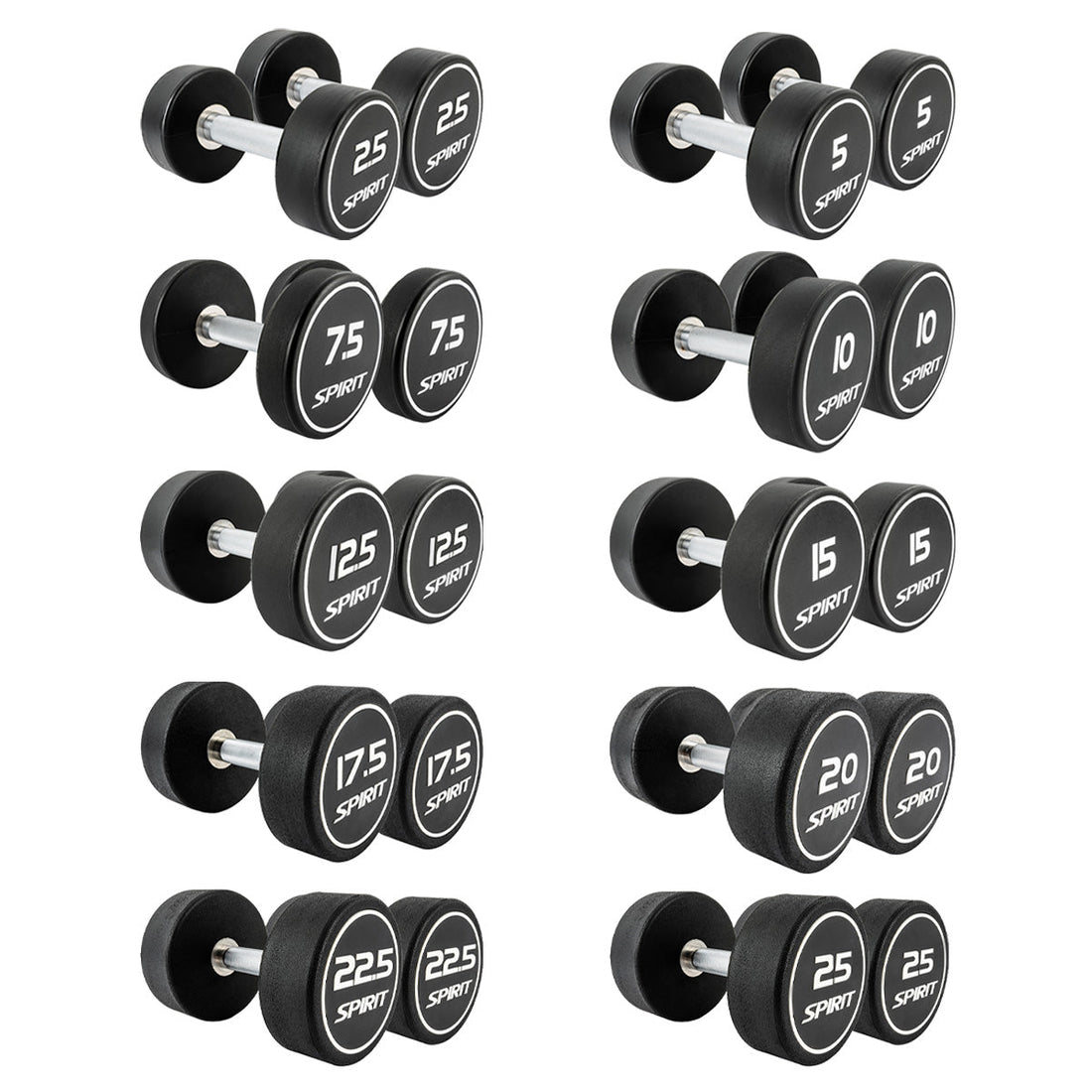 Spirit Fitness 2.5kg to 25kg Round CPU Dumbbells Set - 10 pairs
