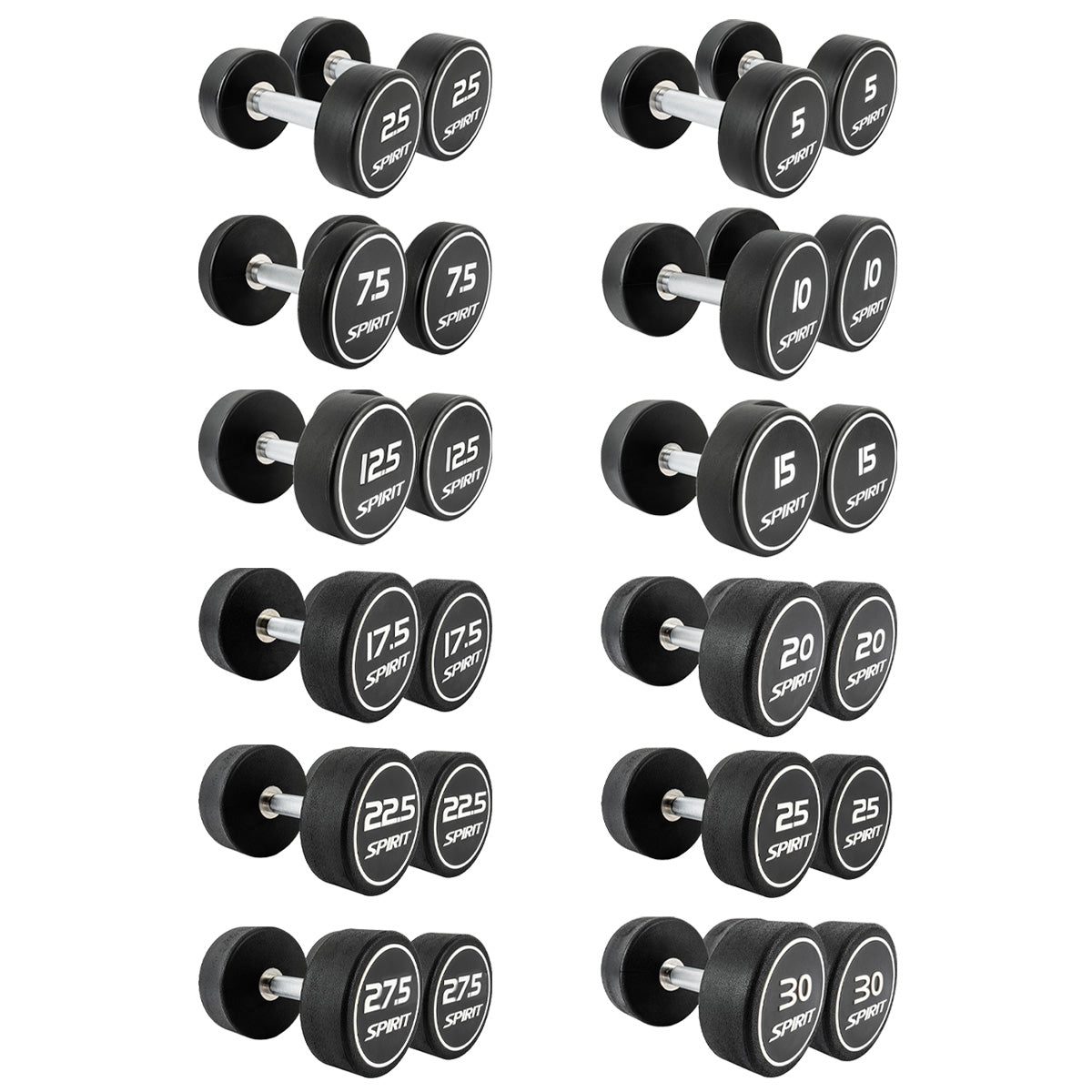 Spirit Fitness 2.5kg to 30kg Round CPU Dumbbells Set - 12 pairs