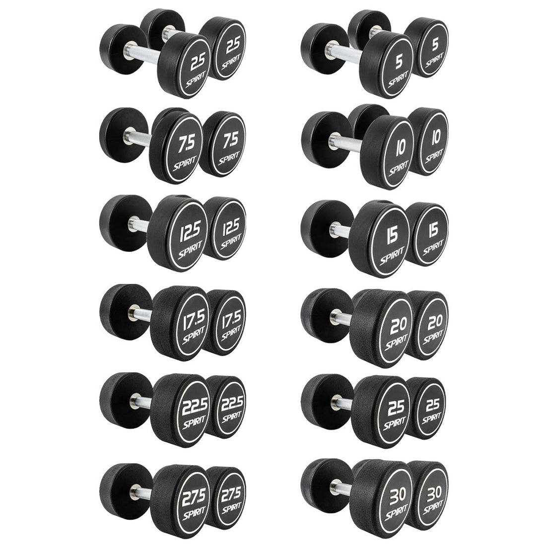 Spirit Fitness 2.5kg to 30kg Round CPU Dumbbells Set - 12 pairs